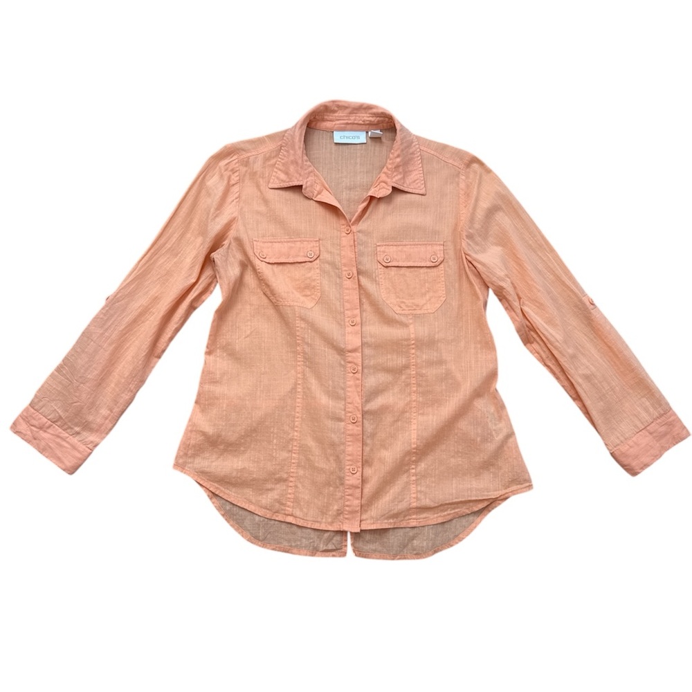 Chico’s Lightweight Orange Long‎ Sleeve Button Down Shirt Womens Size 1 (small)